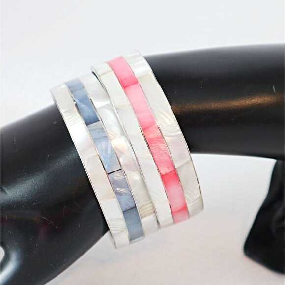 2 Vintage Silver Tone Bracelet With Mother Of Pearl Inlay - Picture 2 of 7